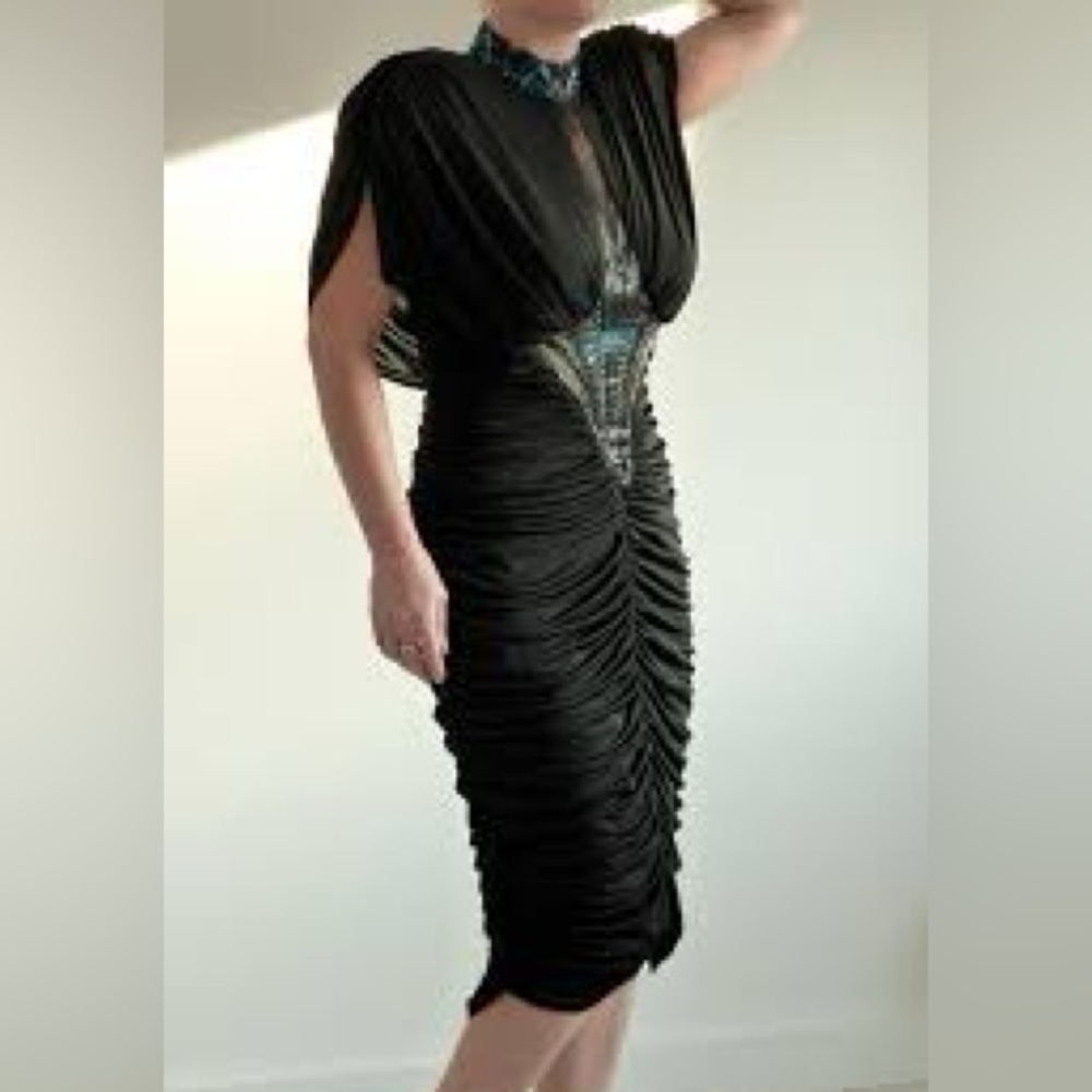 Vintage 1982 Casadei Black Beaded Dress Draped Ruched Beaded Evening Dynasty 12